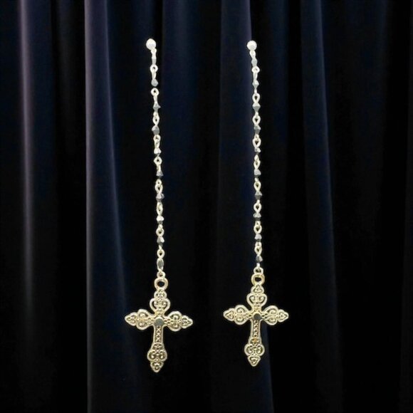 Gota Long Dangle Cross Earrings W/ Black Beaded Chain & Intricate Silver Design - Picture 6 of 7